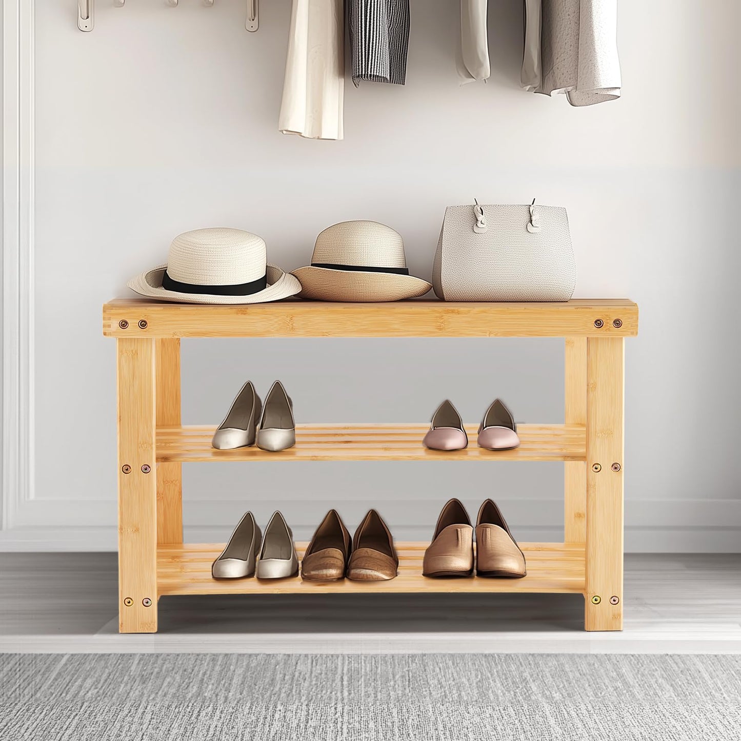Sweetcrispy 3-Tier Shoe Rack Bench for Entryway, 286lb Capacity, Wood