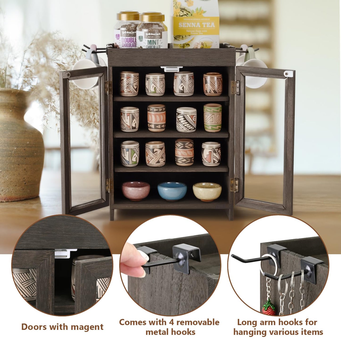 Ikee Design Small Wooden Countertop Storage Cabinet with Adjustable Shelves and Removable Hooks, Perfect for Perfume, Pantry, Essential Oil, 10.4W x 6.1D x 14.4H in, Dark Brown