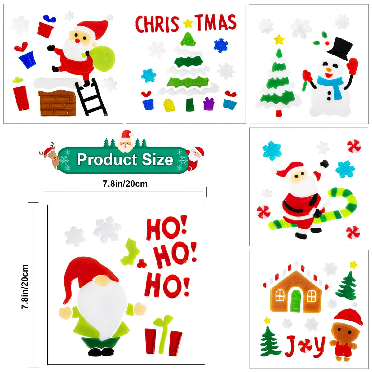 6 Sheet Christmas Window Clings Gel,Snowman,Gingerbread Man,Christmas Tree, Santa Claus, Snowflakes, Christmas Stickers for Glass Windows, Window Clings Christmas Decorations