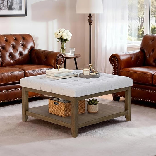 ABHENG 31.5” Large Square Storage Ottoman, Upholstery Solid Rubberwood Coffee