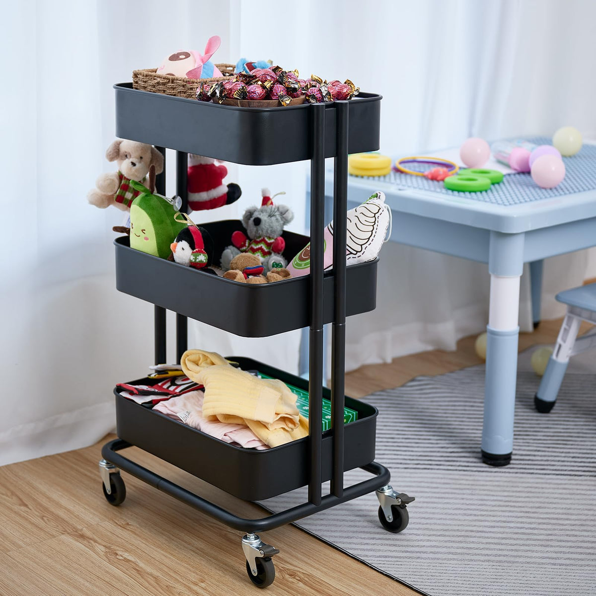 CARTTECH 3 Tier Rolling Cart Metal Heavy Duty Utility Cart with Silent Caster Lockable Wheels Multi-Functional Organization Carts Storage Trolley with Mesh Shelves for Office Kitchen Living Room Black