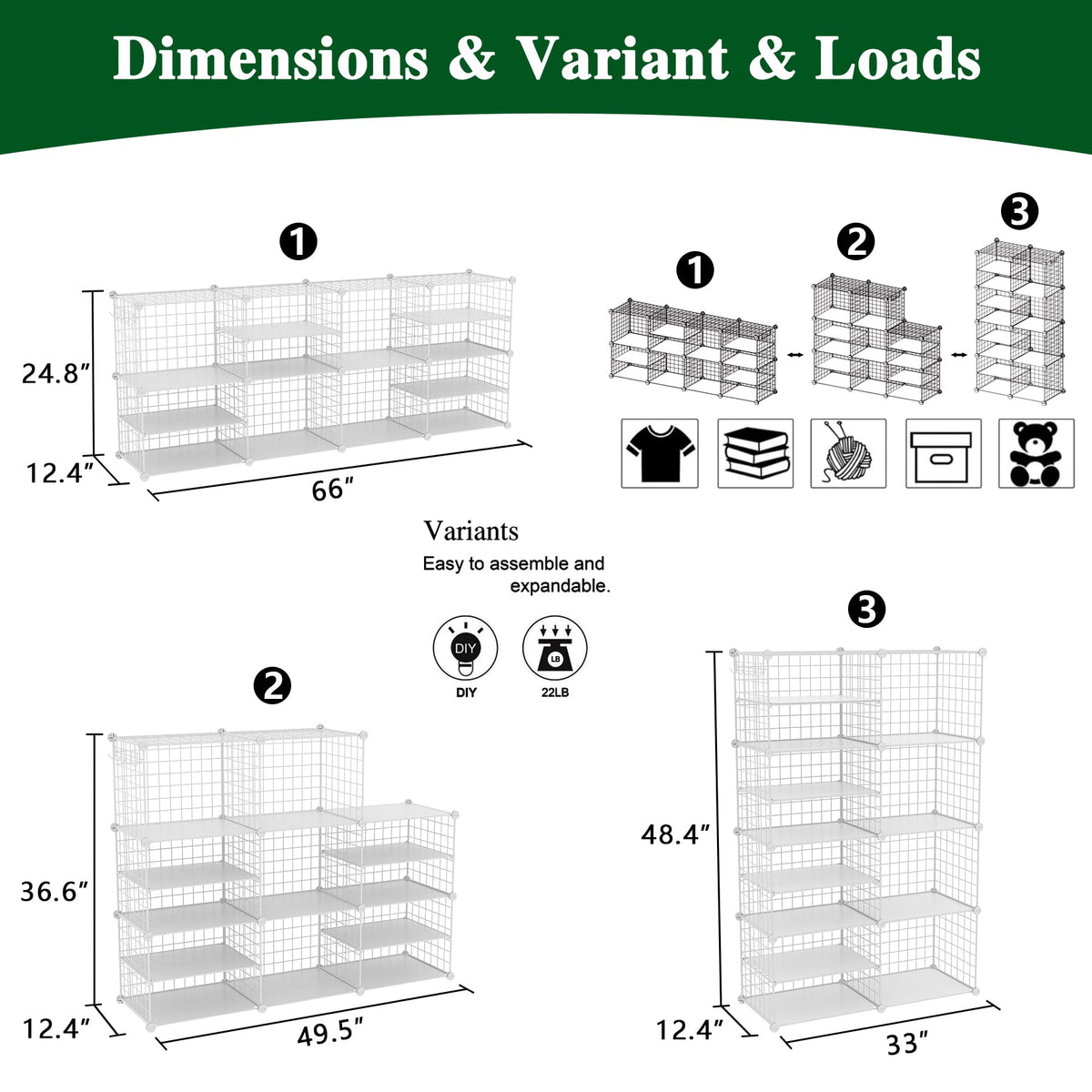 C&AHOME Wire Cube Storage Unit, Interlocking Metal Wire Organizer with Divider Design, Modular Cabinet with Plastic Panels, Bookshelf Stackable Closet Organizer with Small Hooks, White UWCSIM08W