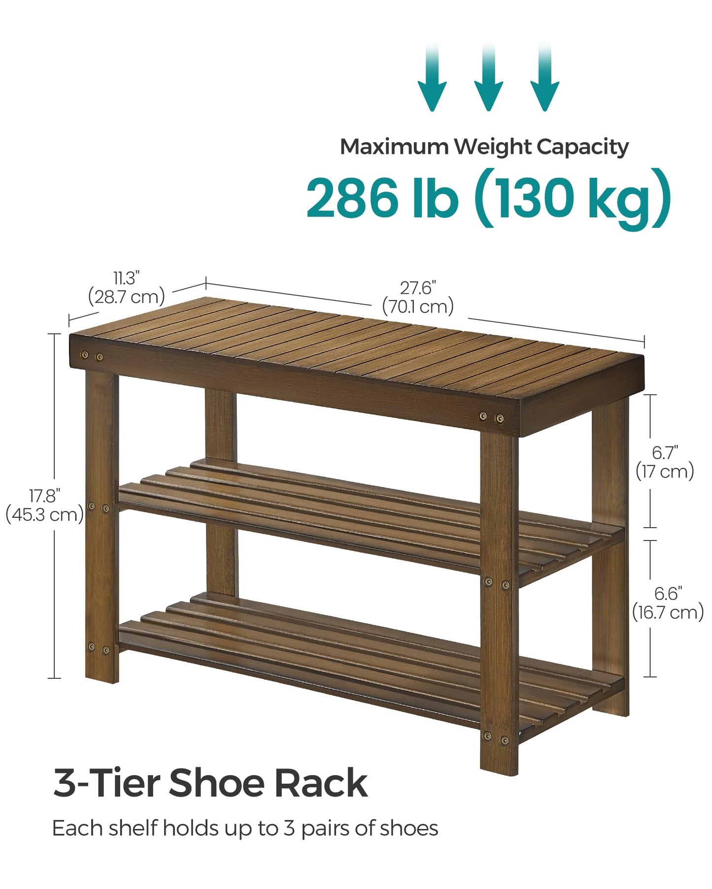 SONGMICS Shoe Rack Bench, 3-Tier Bamboo Shoe Storage Organizer, Entryway Bench, Holds Up to 286 lb, 11.3 x 27.6 x 17.8 Inches, for Entryway Bathroom Bedroom, Yellow Brown ULBS04WL