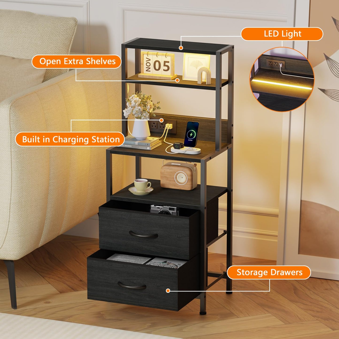 Furnulem Night Stand, Tall Nightstand with 4-Tier Shelves, 2 Fabric Drawers and Led Lights, Bed Side Tables with Charging Station, Bedside Table for Bedroom, Office, Black Oak