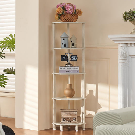 YUFAM 5-Tier Corner Shelf with Sturdy 5-Leg Base, Wooden Corner Bookshelf for Small Spaces, Corner Standing Shelf for Living Room, Bedroom, Office, Grey White