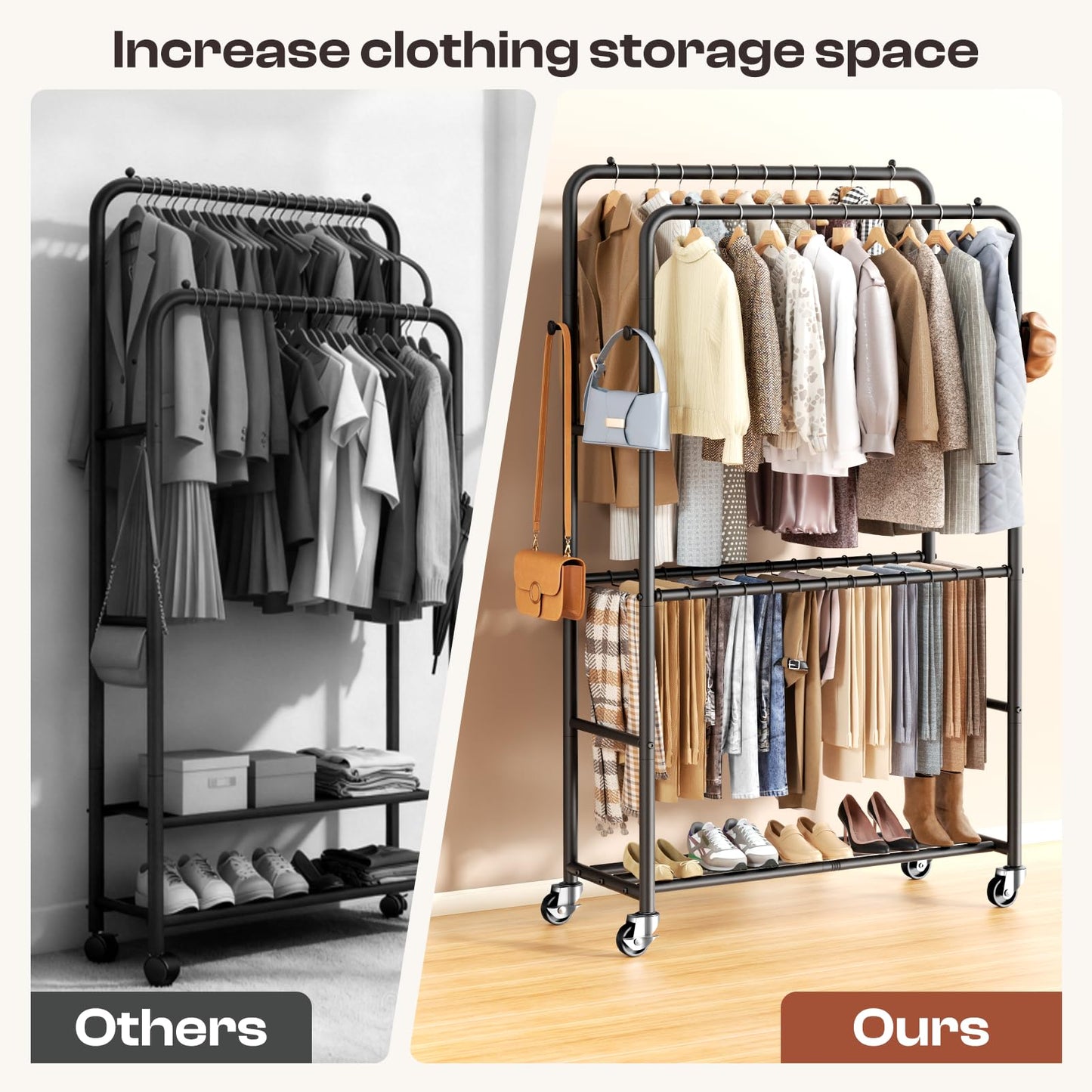 ZHKINGGS Clothes Rack - 4-Bar Double Rod Clothing Rack with 15 Pants Racks - Rolling Clothes Rack with Shelves - Portable Garment Rack for Bedroom Laundry Room Closet - Black