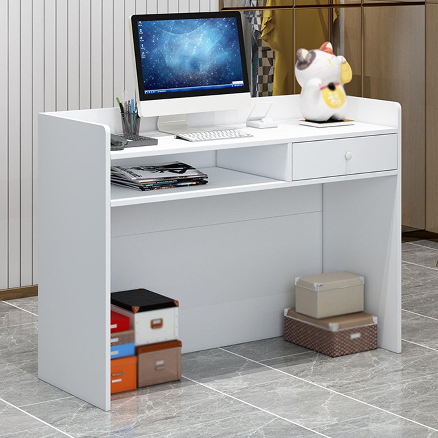 Modern Reception Desk with Lockable Drawers & Storage Cupboard, Modern Reception Desk with Storage - Wooden Front Counter Checkout Table for Office, Beauty Salon, Lobby - Stylish Natural Woo