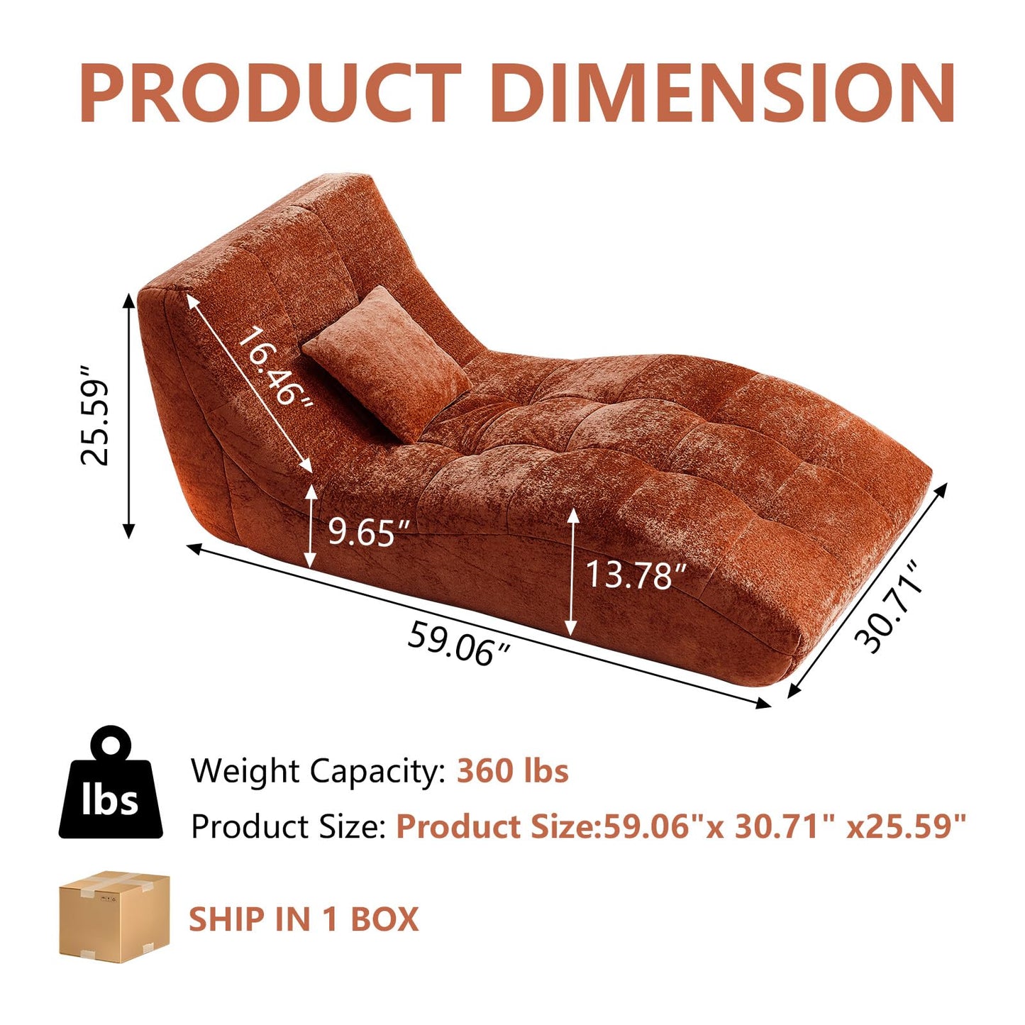 Huadeo Chaise Lounge Chair with Curved Back, Modern Upholstered Recliner Sofa, Tufted Accent Lounger Comfortable Lazy Chair for Bedroom, Apartment (Orange)