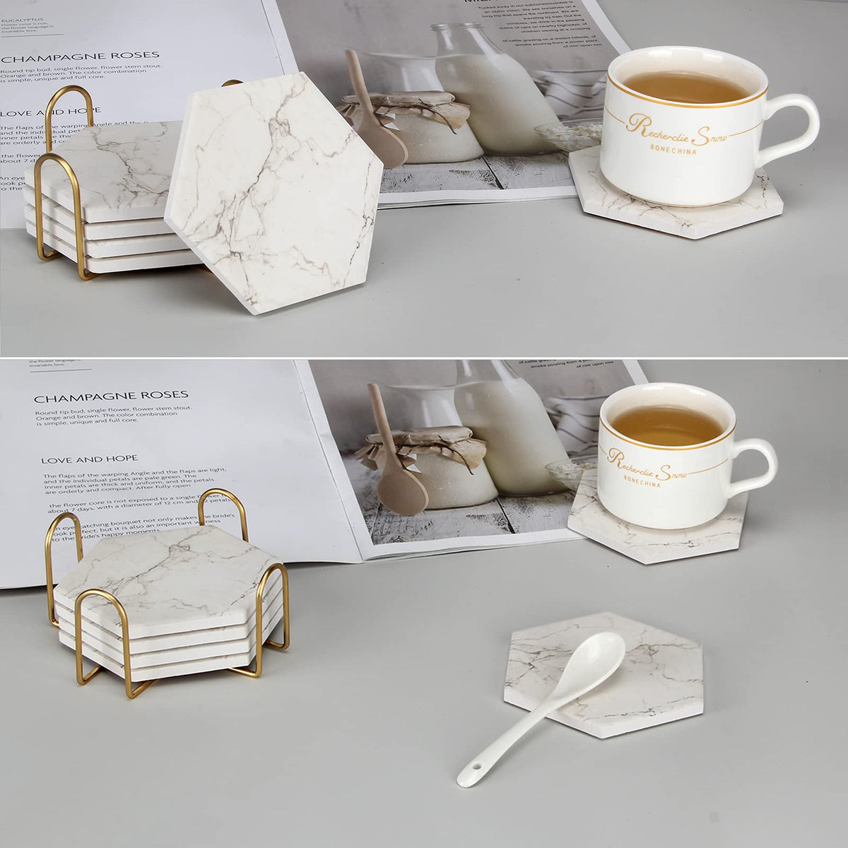 6 Pack Cute Marble Absorbent Stone Coaster Set with Holder Cool Cork Coster Modern White Ceramic Coasters Bar Desk Cup Drink Coasters Funny Coffee Table Decor Kitchen Unique Coster posavasos