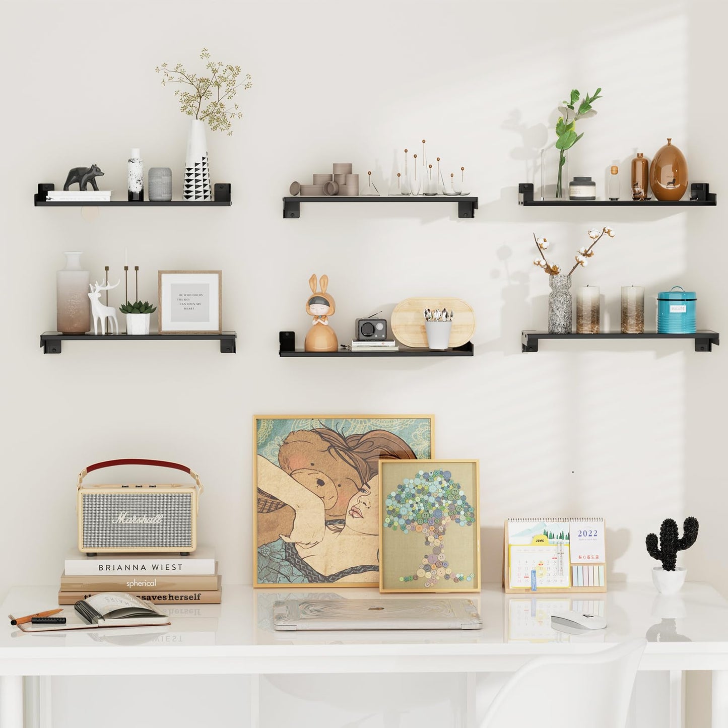FNBAR Floating Shelves for Wall, Shelves for Decor Storage Set of 6, Wall Mounted Wood Shelf for Bedroom, Living Room, Bathroom, Kitchen,Long Picture Ledge Shelves.(Black)