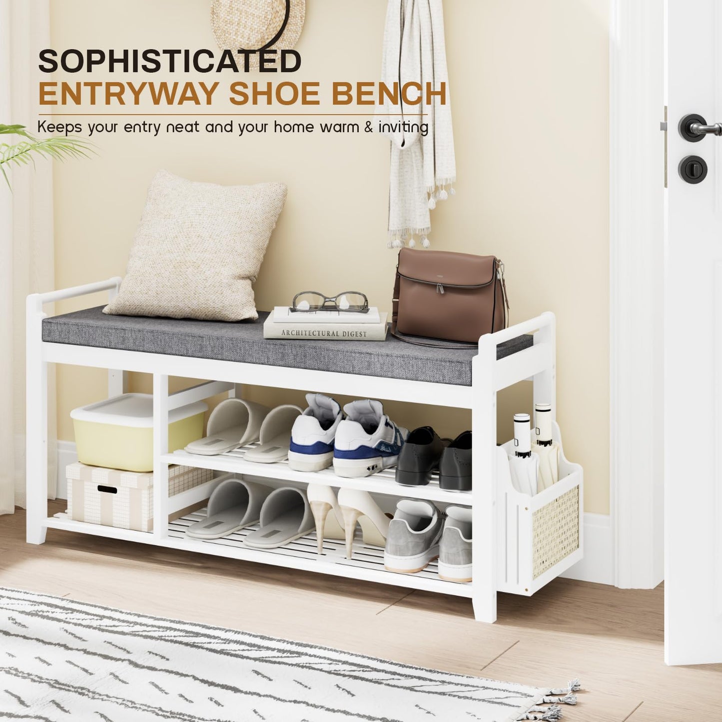 Homaxy 2-Tier Shoe Rack Bench with Side Holder, 39.4 in Bamboo Entryway Bench, Shoe Rack Organizer with Cushion for Front Entrance, Hallway Living Room Bedroom, White and Dark Grey