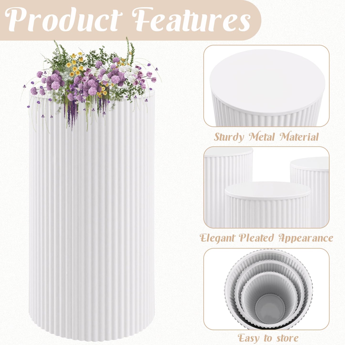 JALANCY Metal Pleated Cylinder Pedestal Stands for Party, 3 Pieces Heavy Duty Round Cake Pedestal Stand Display Plinth Pillars Art Decor for Wedding Ceremony Birthday Party（Small, White）