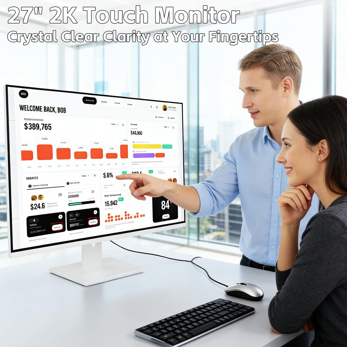 Pisichen Touchscreen Monitor 2K 27 Inch IPS Gaming 100Hz, 10-Point Touch QHD 2560x1440 PC Display, HDMI VGA USBC Computer Monitor, Built-in Speakers, White