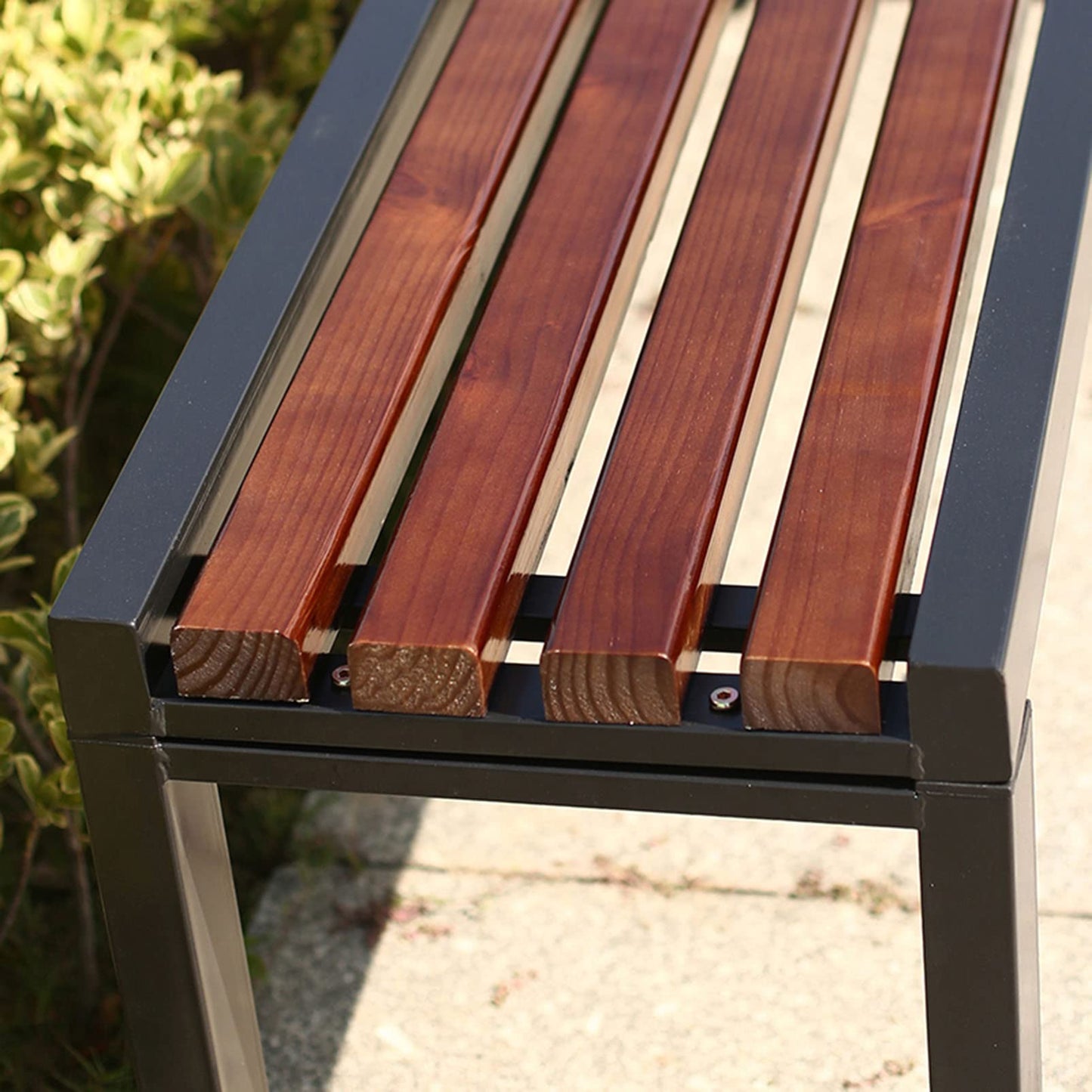 Outdoor Wooden Backless Garden Bench Park Slatted Seats Patio Loveseat Metal Frame Chair - 2-3 Person Seat, Lawn Front Porch Path Yard Decor Deck Furniture for Hospital/School/Plaza