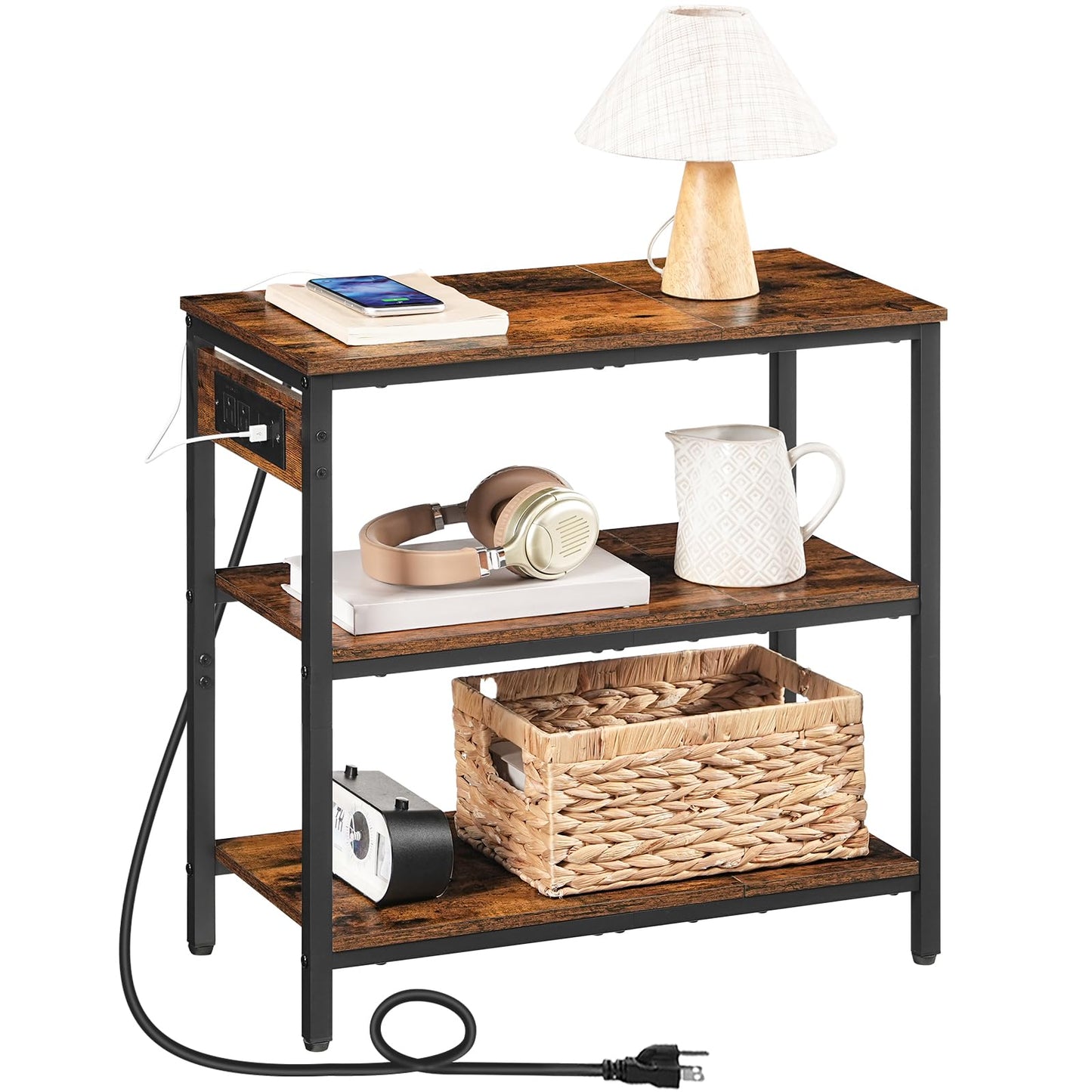 HOOBRO End Table with Charging Station, Side Table with 3 Tier Storage Shelf, Narrow Nightstand for Small Spaces, for Living Room, Bedroom, Easy Assembly, Rustic Brown and Black BF149UBZ01