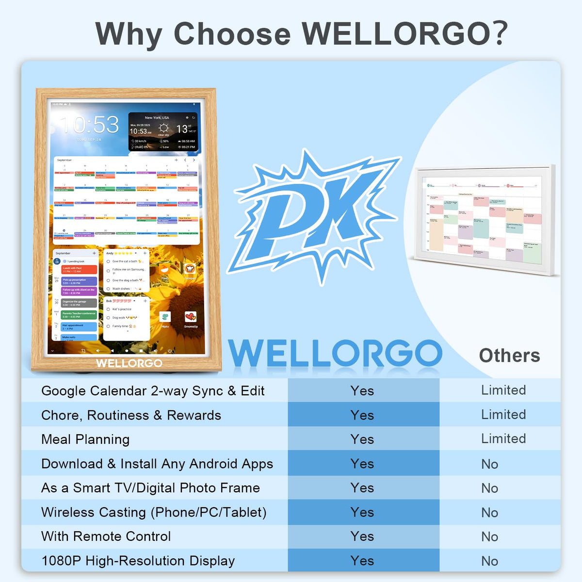 WELLORGO Smart Digital Calendar, 21.5” Electronic Planner with FHD Touch Screen & Remote Control, Electric Family Organizer with Chore Chart Google Play Customizable App, Picture Frame Desk Tablet