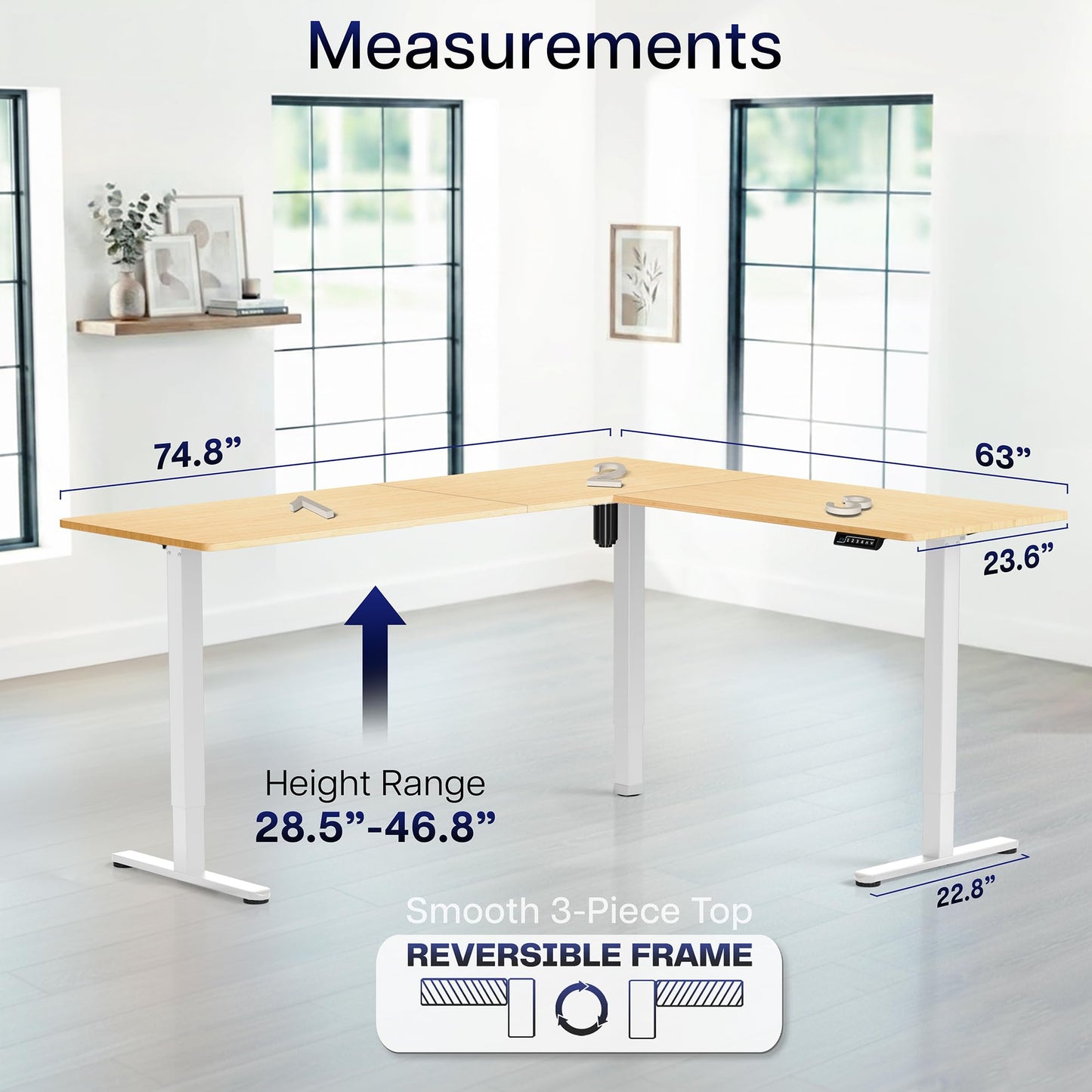 VIVO Corner Standing Desk, 75 x 63 inch Reversible L-Shaped Workstation, Electric Height Adjustment, Home, Office, and Reception Rooms, Real Bamboo Table Top White Frame, DESK-E3CTWO-75