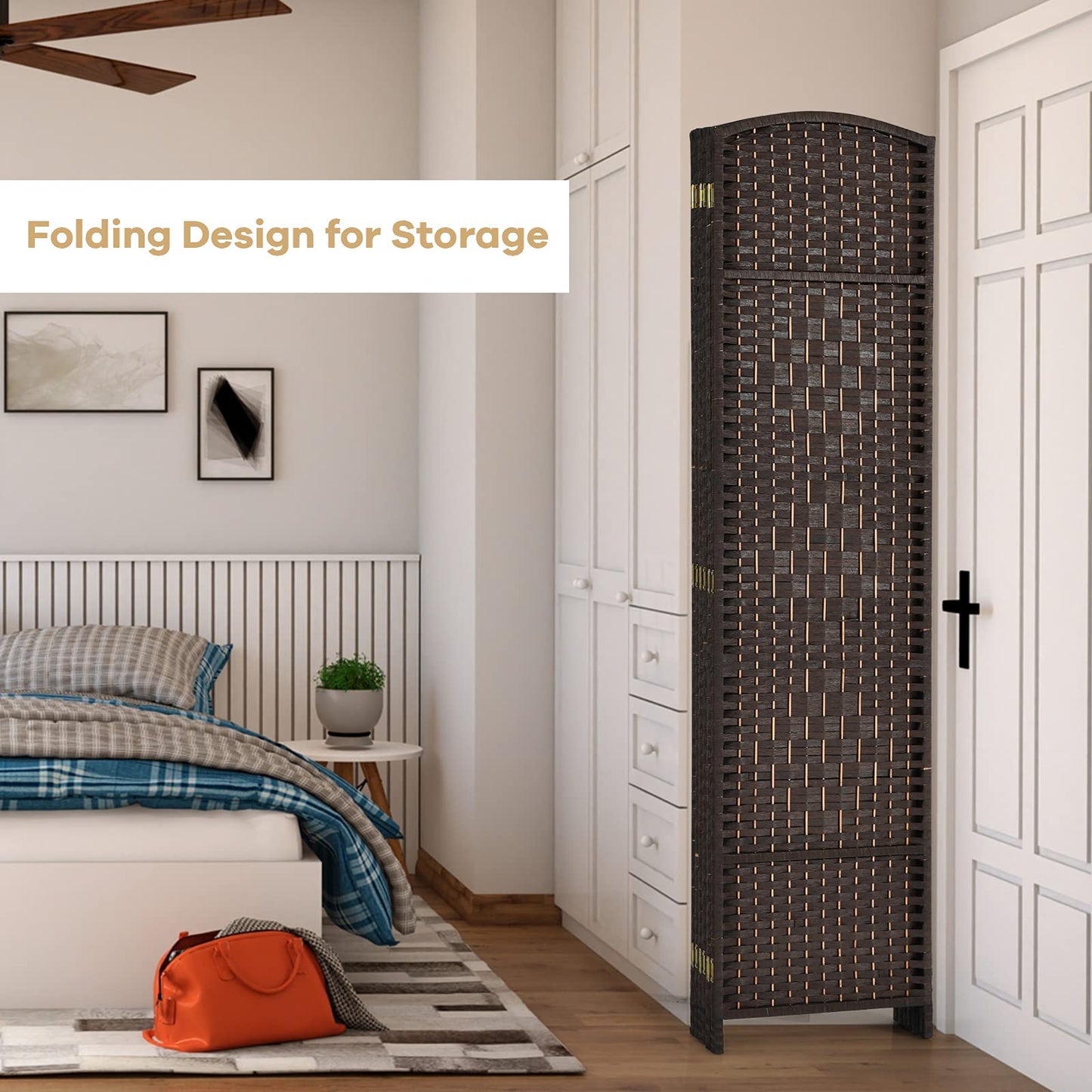 Giantex 6 Panel 6 Ft Tall Room Divider, Freestanding Wood Partition Room Divider Panel with Hand-Made Woven Paper Fiber, Room Dividers and Folding Privacy Screens for Bedroom, Small Space, Brown