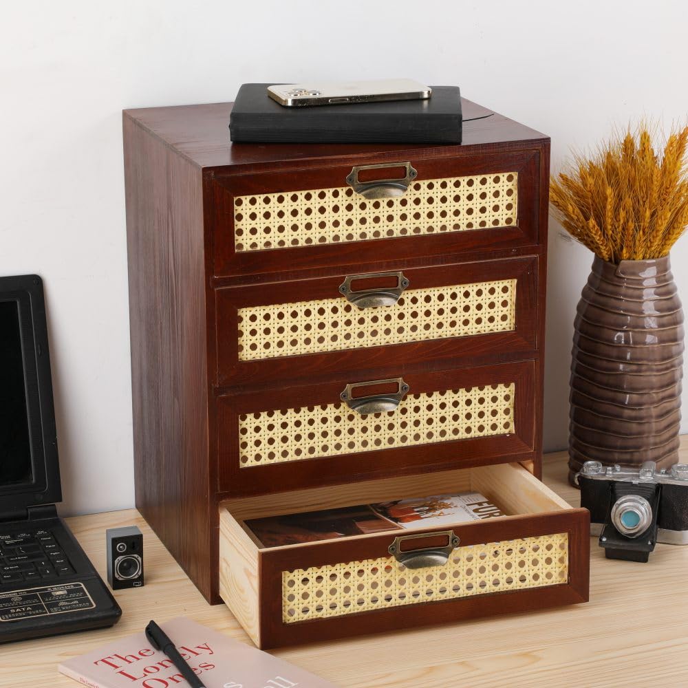 GoooodGift Large Wooden Storage Box with Drawers (Boho Apothecary Cabinet, Rattan Frame, Brown)