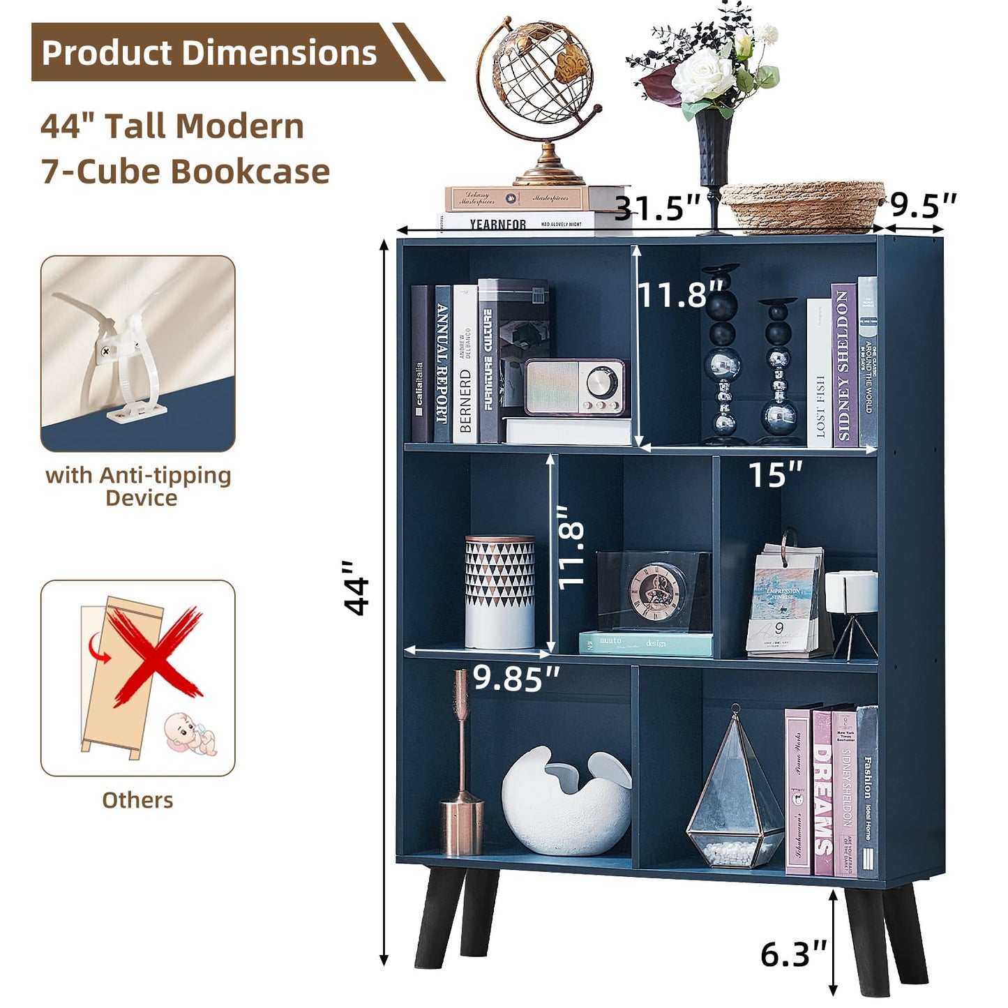 LEYAOYAO Cube Bookshelf 3 Tier Mid-Century Rustic Dark Blue Modern Bookcase with Legs,Retro Wood Bookshelves Storage Organizer Shelf,Freestanding Open Book Shelves for Bedroom,Living Room,Office