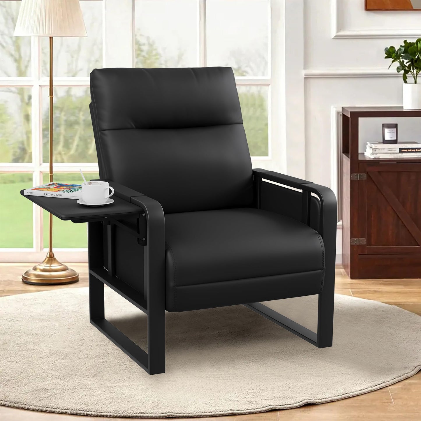 Apeaka Modern Black Accent Chair PU Leather Upholstered Armchair with Foldable Side Table for Bedroom Living Room Chairs Office Chair
