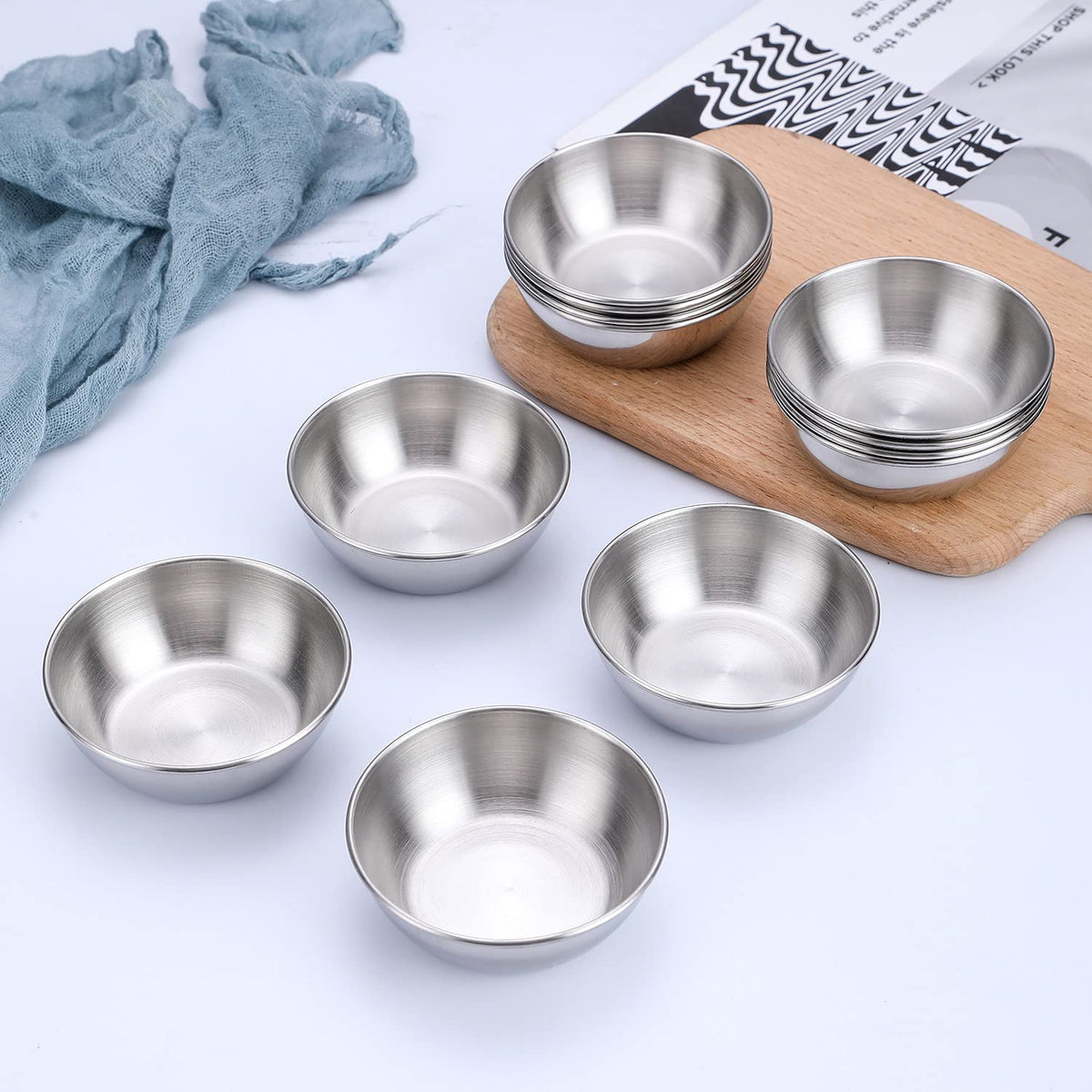 DINYWOW 12pcs Sauce Dishes 3.2 Inch Stainless Steel Round Seasoning Dishes Bowls Condiment Cups Sushi Dipping Small Dish Bowl Saucers Mini Appetizer Plates Silver Color