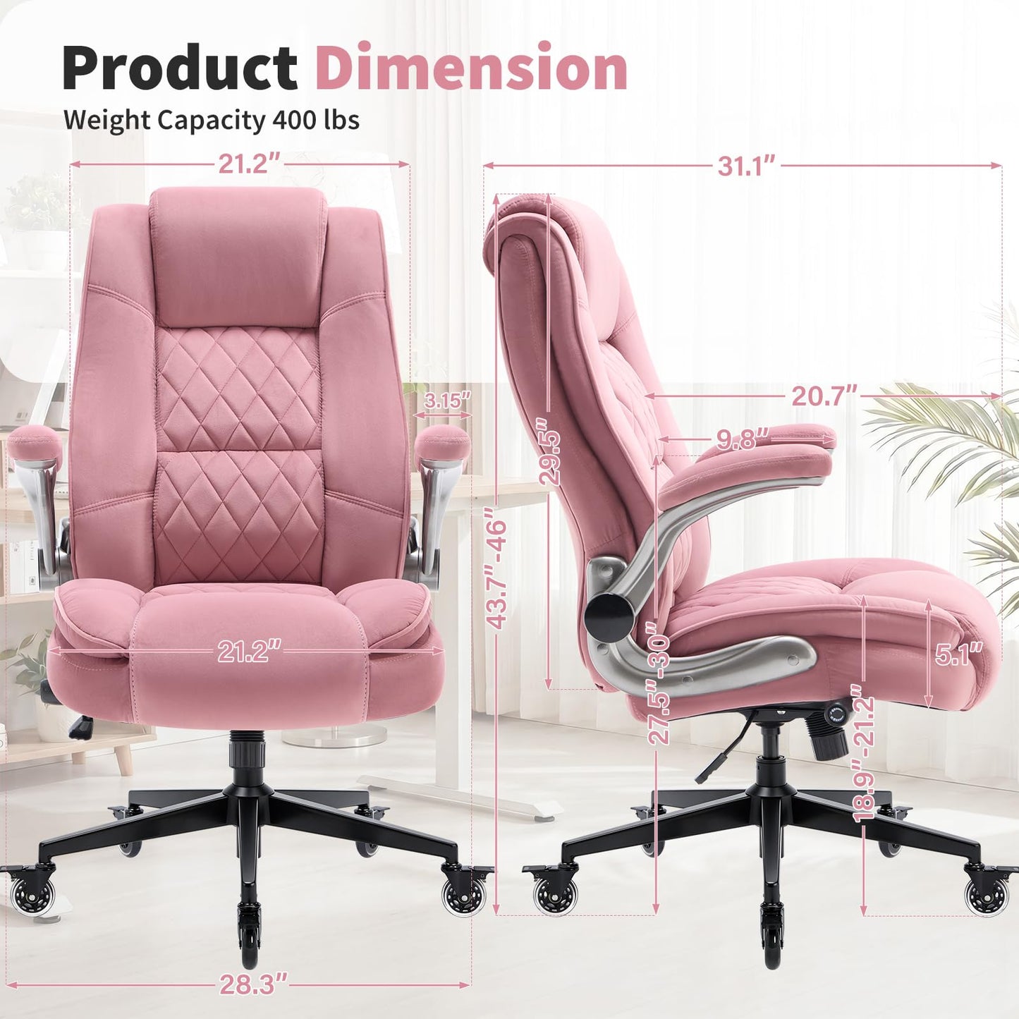 Fabric High Back Office Chair with Lockable Quiet Casters, Thick Padded Ergonomic Computer Chair- Adjustable Lumbar Support & Flip-Up Arms, Wide Executive Desk Chair for Back Pain, 400LBS Capacity