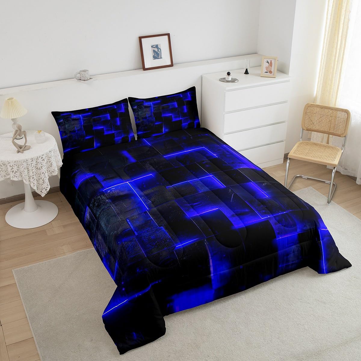 Navy Blue Black Bedding Twin 3D Glowing Buffalo Twin Comforter Set Modern Abstract Art Bedding Comforter Sets Geometric Plaid Duvet Insert, Gradient Futuristic Cubes Down Comforter (Black Reversible)