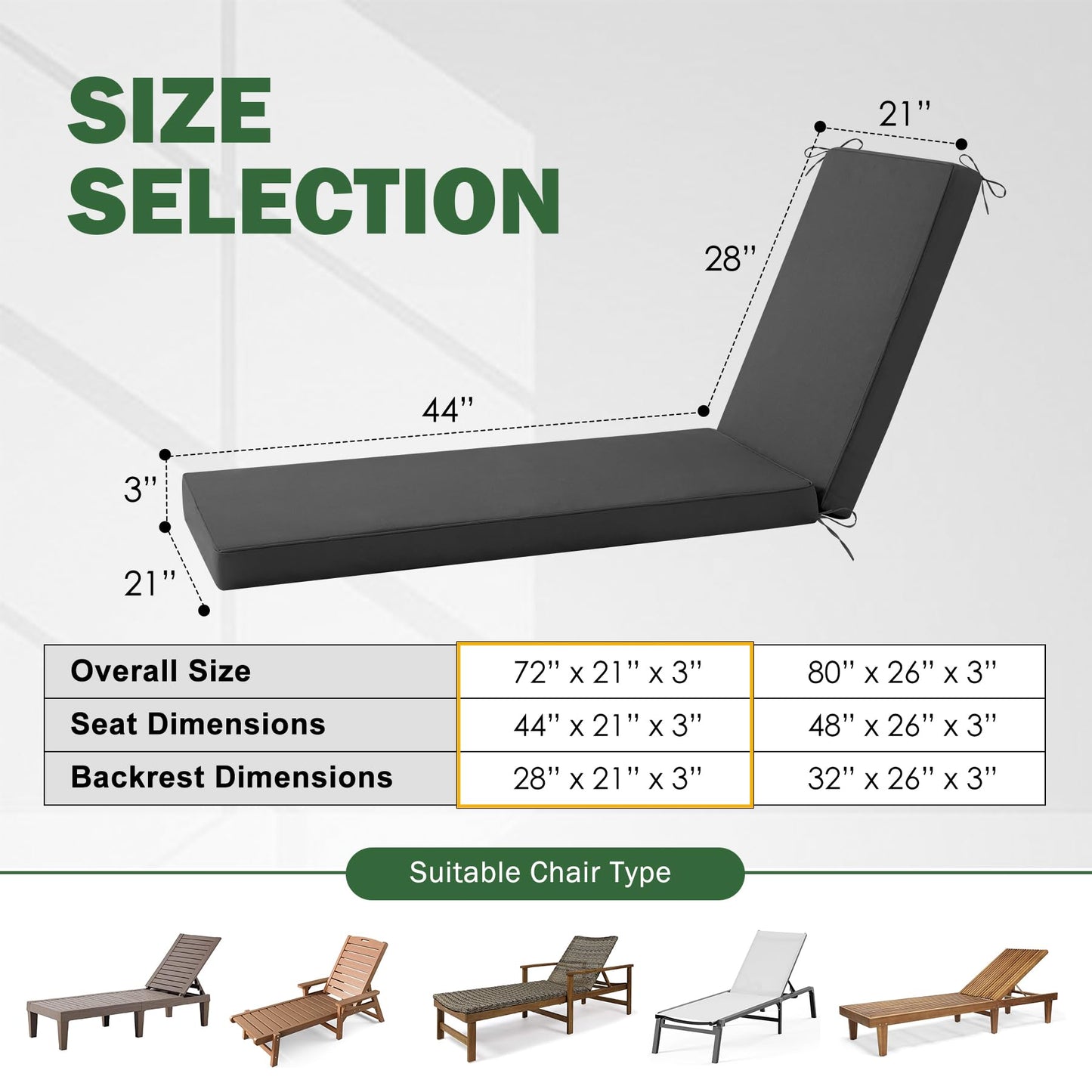 Aegisun Chaise Lounge Cushions Outdoor, 72x 21x 3 Inch Waterproof & Fade-Resistant Lounge Chair Cushion, Outdoor Chaise Cushion with Removable Cover & Ties for Lawn, Patio, Pool & Beach, Dark Grey