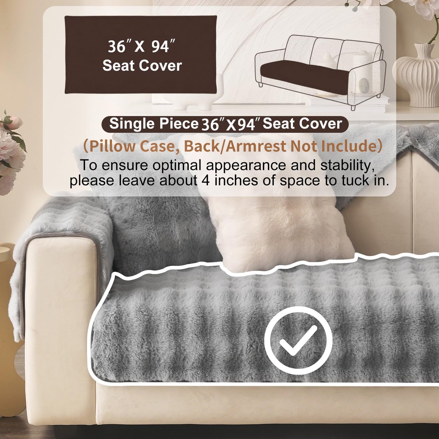 Aucrovee Soft Plush Faux Fur Couch Cover, Thick Warm Fuzzy Sectional Sofa Covers for 3 Cushion Couch Sofa Non Slip Slipcover, Furniture Protector Covers for Pets(1 PCS 36"x94" Light Grey)