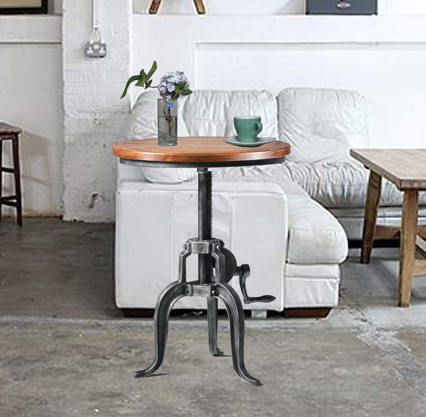 Topower Industrial Retro Side Table Antique Mechanic DIY Crank Height Ajustable Cast Iron Three-Legged Farmhouse Accent End Table Silver