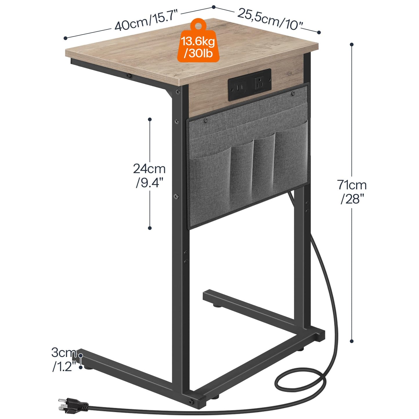 HOOBRO C Shaped End Table with Charging Station, 28" H Couch Side Table Slide Under, Sofa Arm Tray Table with Storage Bag for Living Room, Recliner, Greige BG70USF01