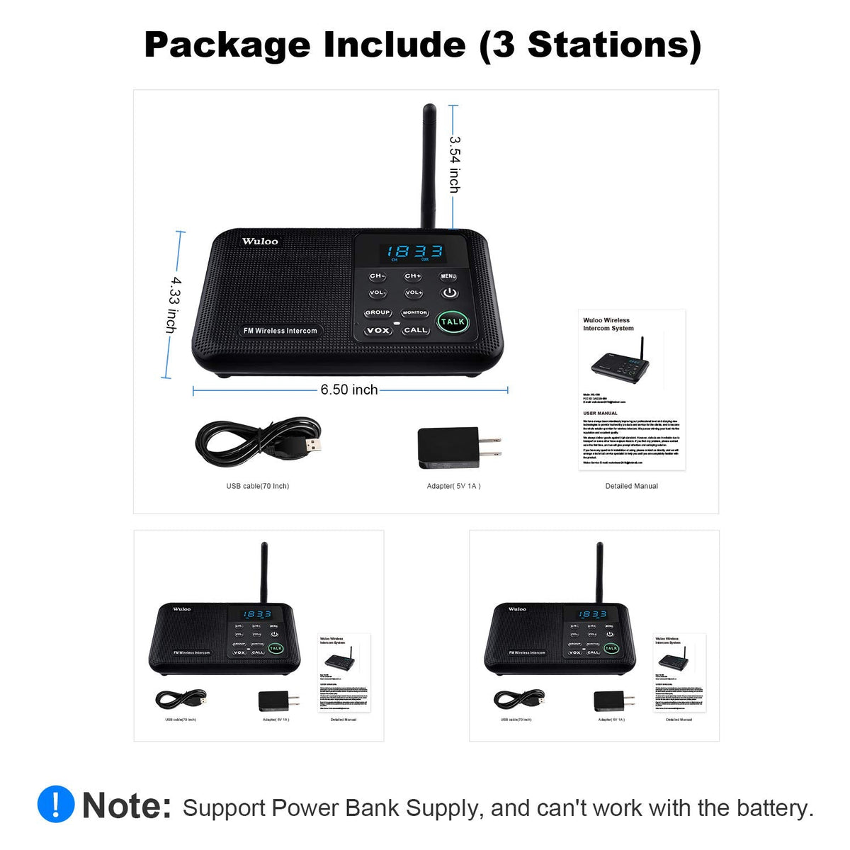 Wuloo Intercoms Wireless for Home 1 Mile Range 22 Channel 100 Digital Code Display Screen, Wireless Intercom System for Home House Business Office, Room to Room Intercom Communication(3Stations Black)