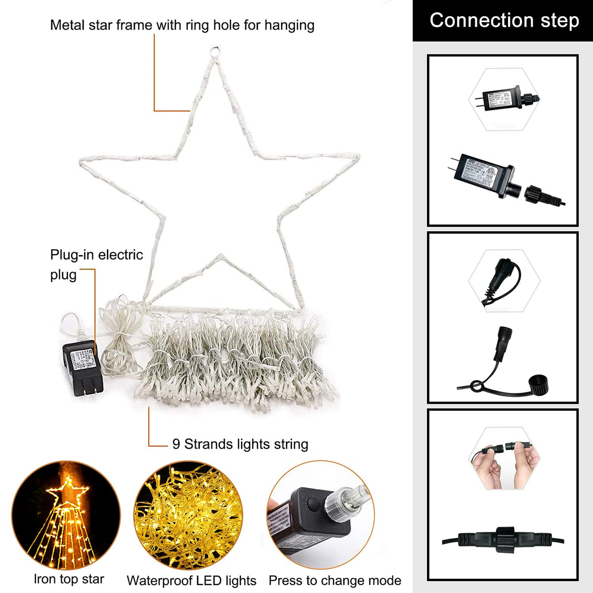 MINIAO Christmas Star String Lights, 320 LED Waterfall Tree Lights with 13" Topper Star 8 Lighting Modes Indoor Outdoor Halloween Decorations for Holiday, Wedding, Party (Warn White)