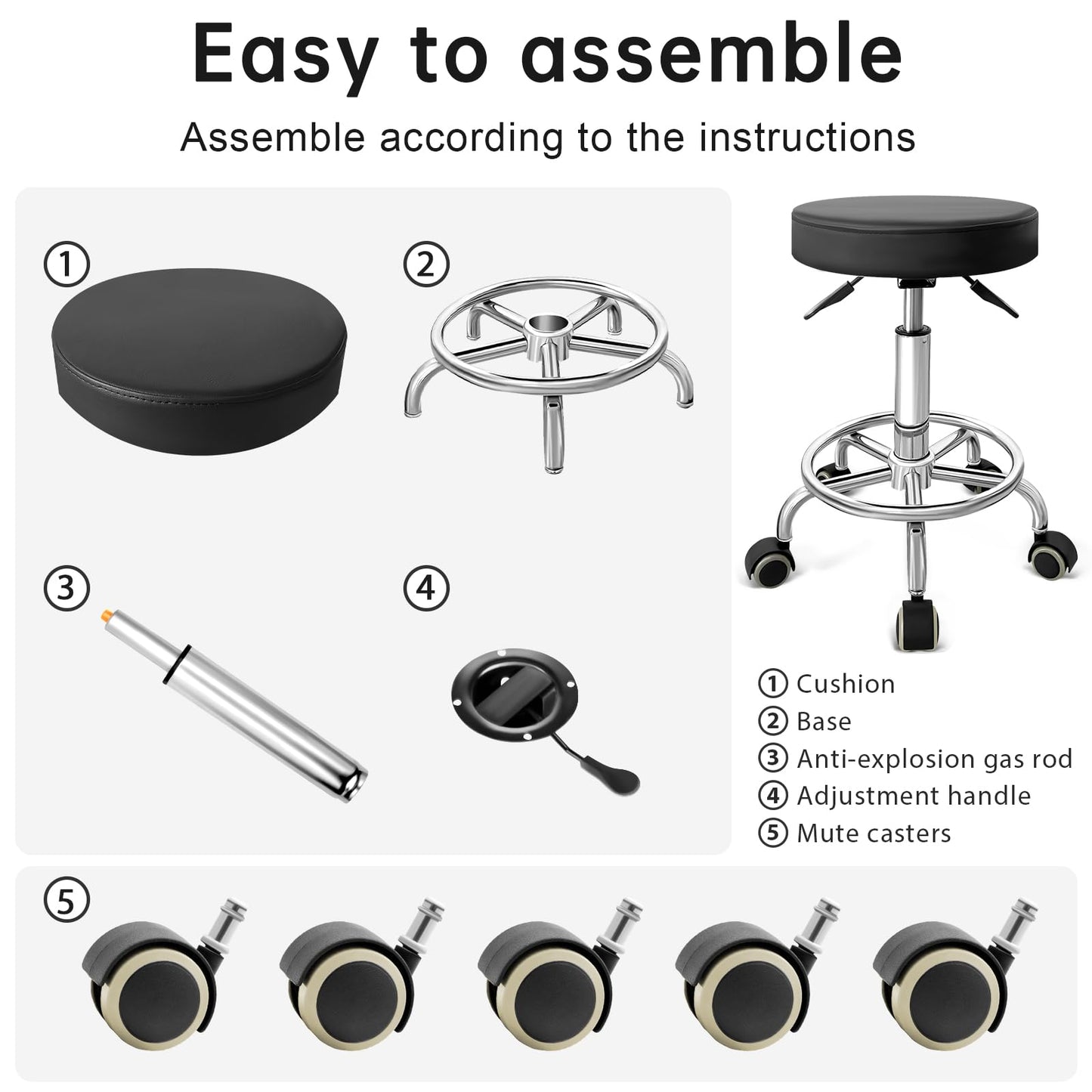 DENGTELI PU Leather Rolling Stool with Foot Rest Round Height Adjustment Swivel Spa Drafting Salon Tattoo Work Office Massage Vanity Stools Task Chair (Black)