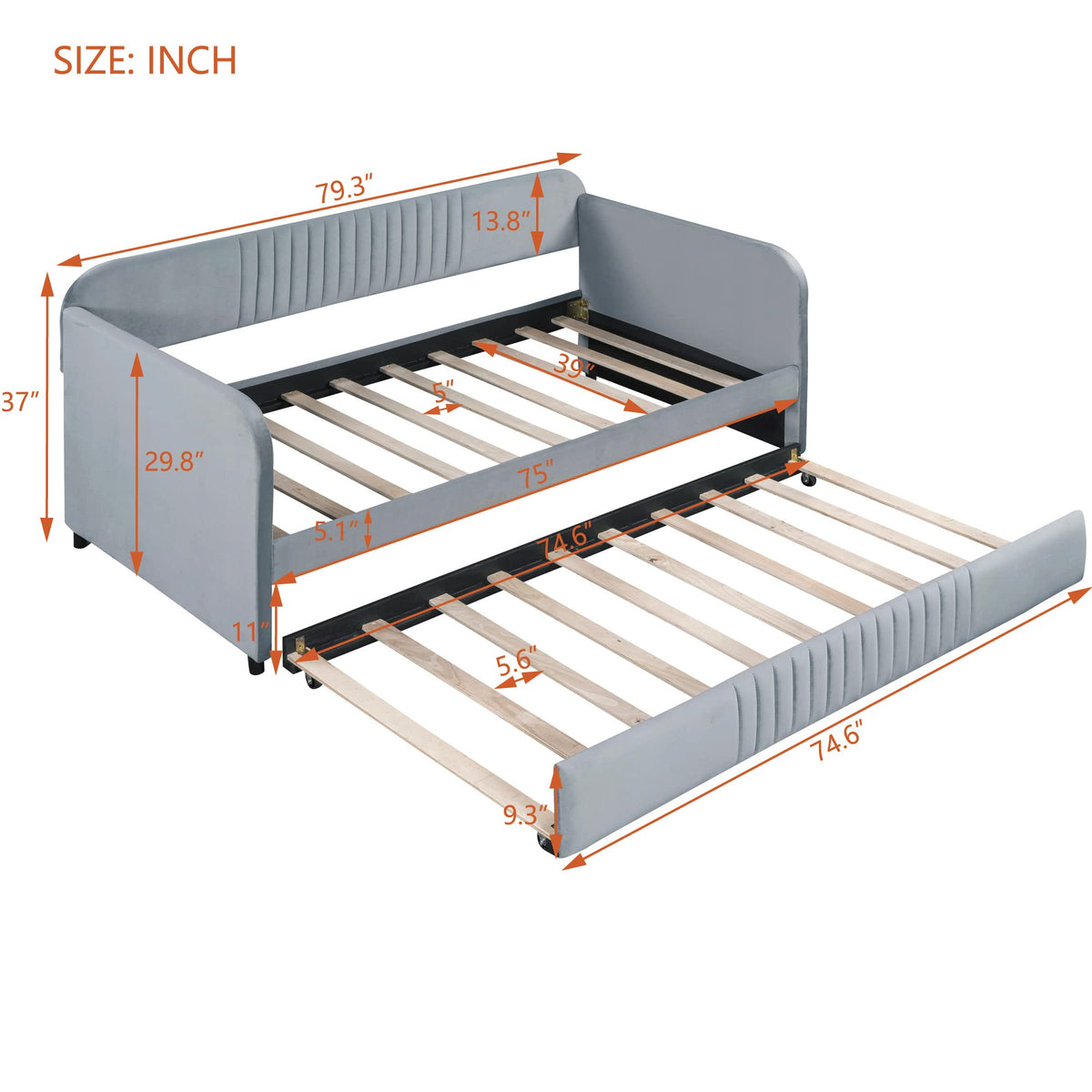 Merax Twin Size Upholstered Daybed with Trundle Bed and Wood Slat, Gray Velvet Sleeper Sofa Bed, No Box Spring Needed