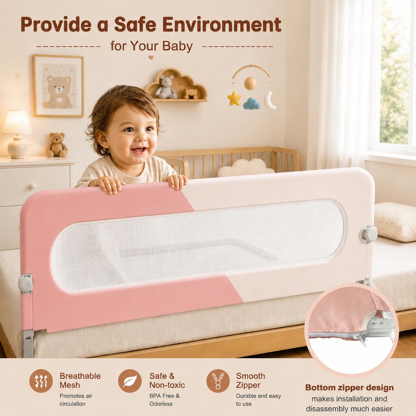 HIQNWTO Bed Rail for Toddlers, Foldable Baby Bed Rail Guard, Adjustable, Safety, Convenient, Guard Rails with Twin, Full, Queen& King Size (Pink Cartoon, 1 Side:71inch)