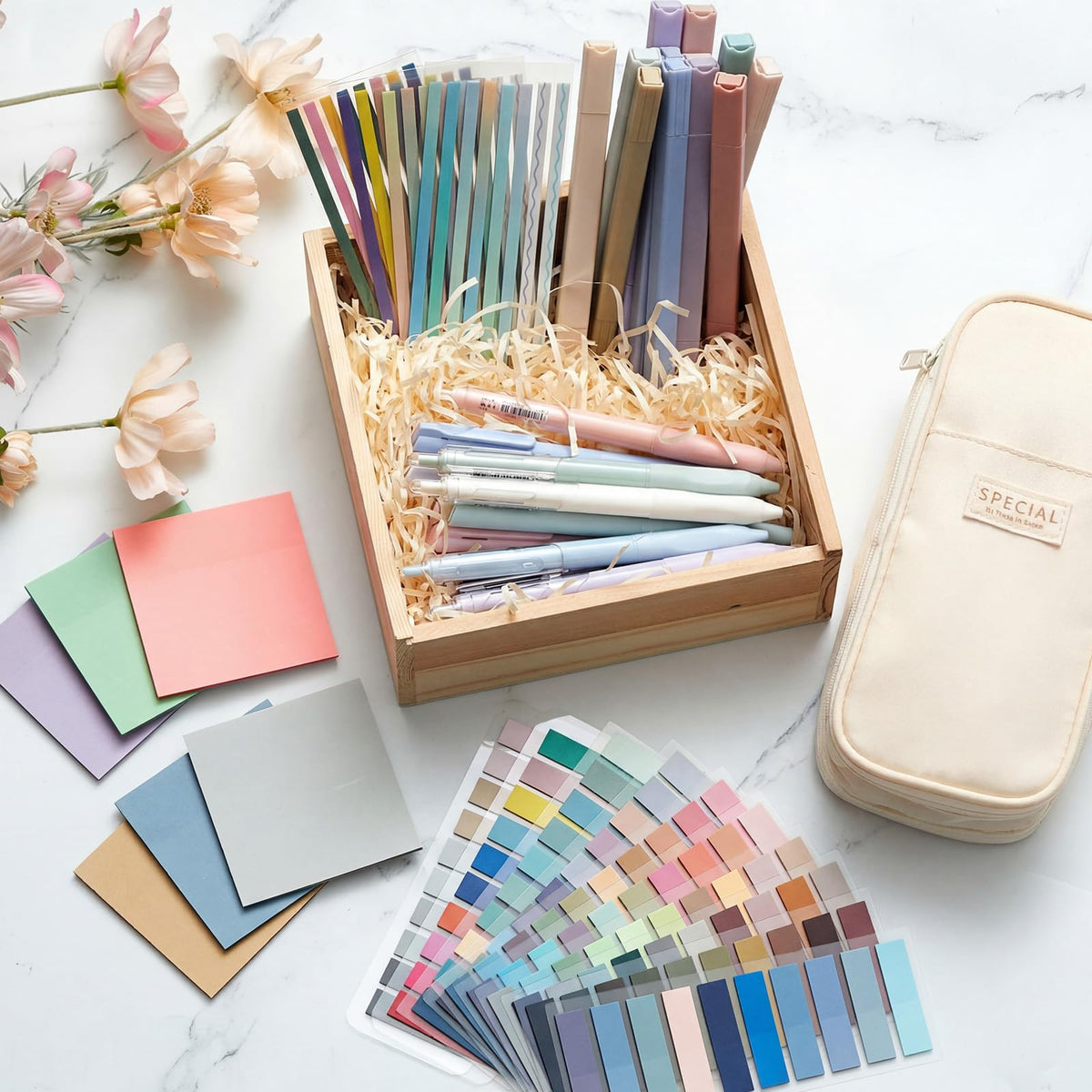 Trandraft 135 Pcs Book Annotation Kit with Pencil Case, 12 Pastel Highlighters, 11 Gel Pens, Fine Marker, 300 Transparent Sticky Notes, 2640 Index Tabs, Bible Study Supplies Kit(Classic,Beige)