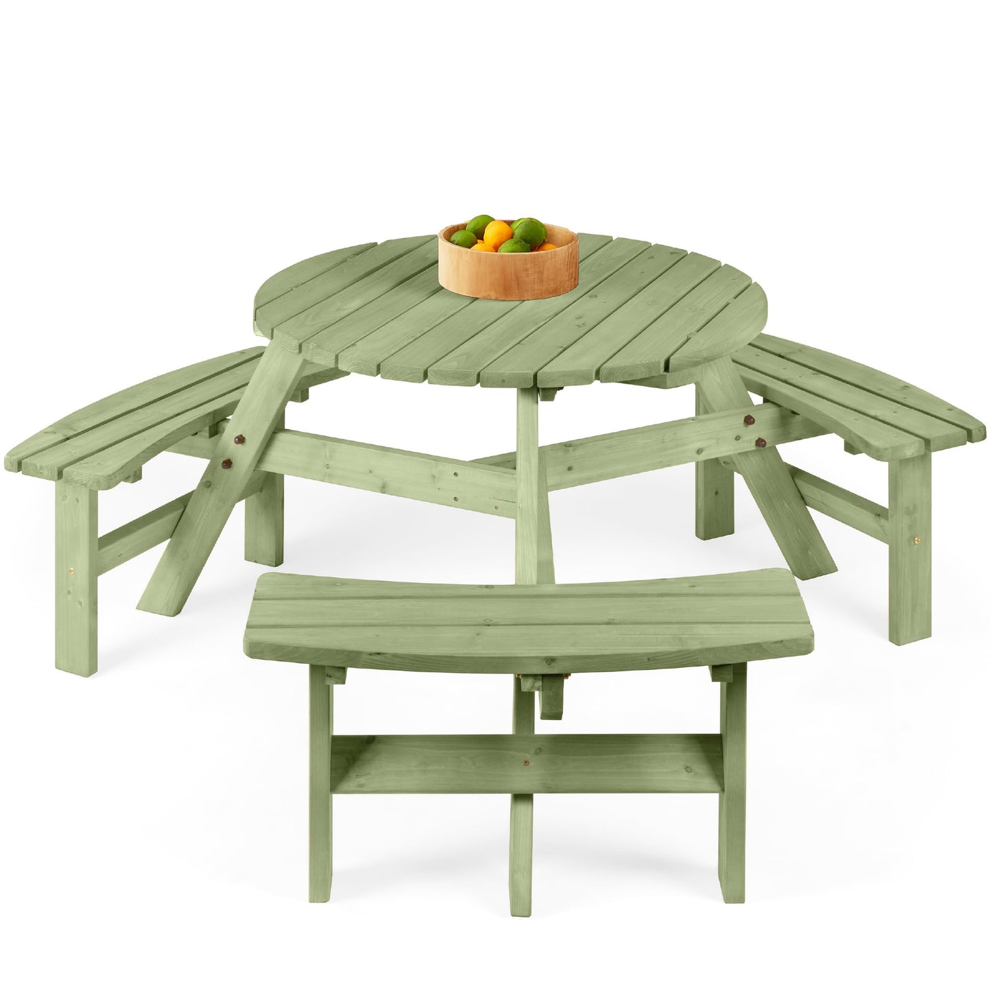 Best Choice Products 6-Person Circular Outdoor Wooden Picnic Table for Patio, Backyard, Garden, DIY w/ 3 Built-in Benches, 500lb Capacity - Sage Green