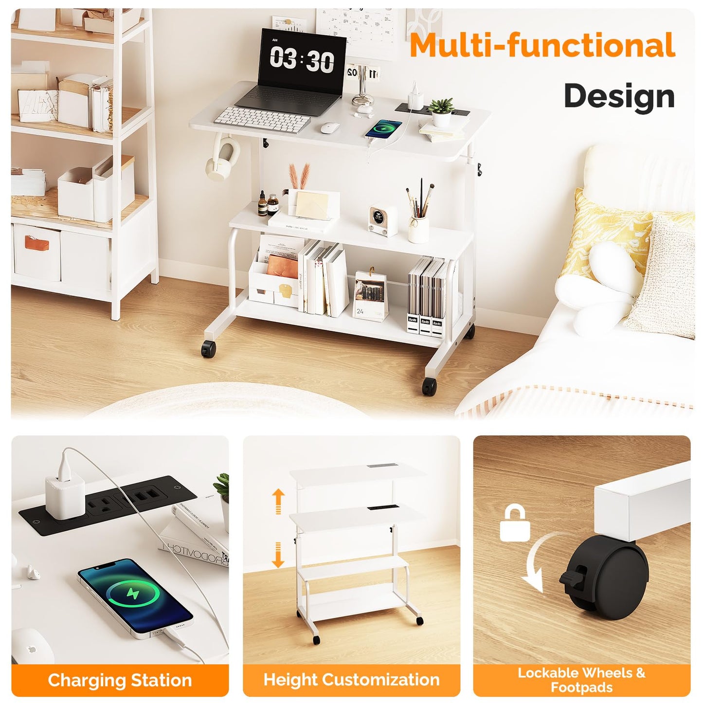 FCH 31.5" Mobile Small Standing Desk, Adjustable Height Mobile Computer Desk, w/2 AC Outlets + 3 USB Ports & Hooks, Storage Shelves, Suitable for Gaming, Studying, Home Office, White