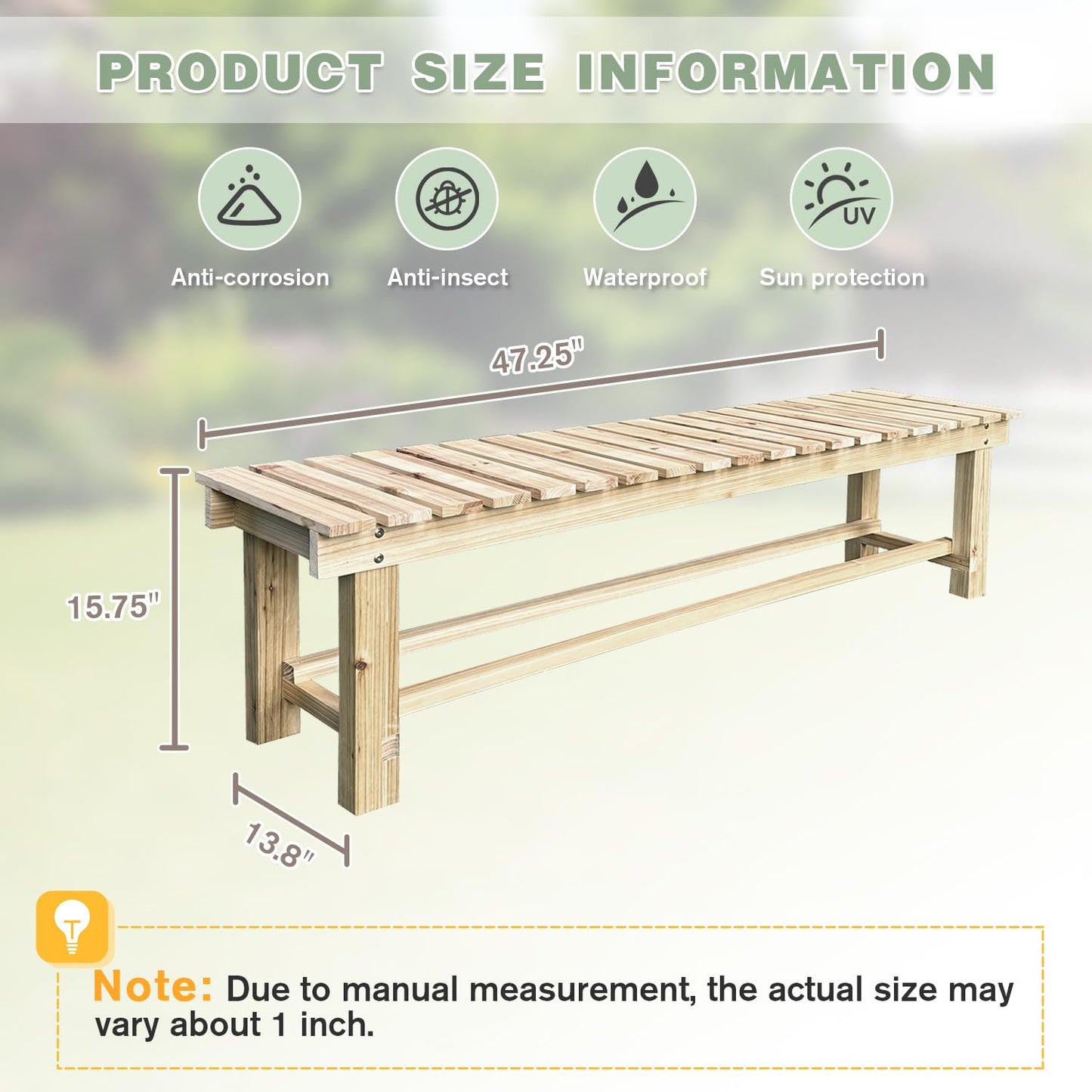 LSPYYDS Outdoor Garden Bench, 3-Person Wood Patio Bench Weatherproof Outdoor Backless Bench, Anti-Corrosion and Anti-Rust Garden Benches for Garden Lawn Porch Park Backyard (Natural,47.25''/120cm)