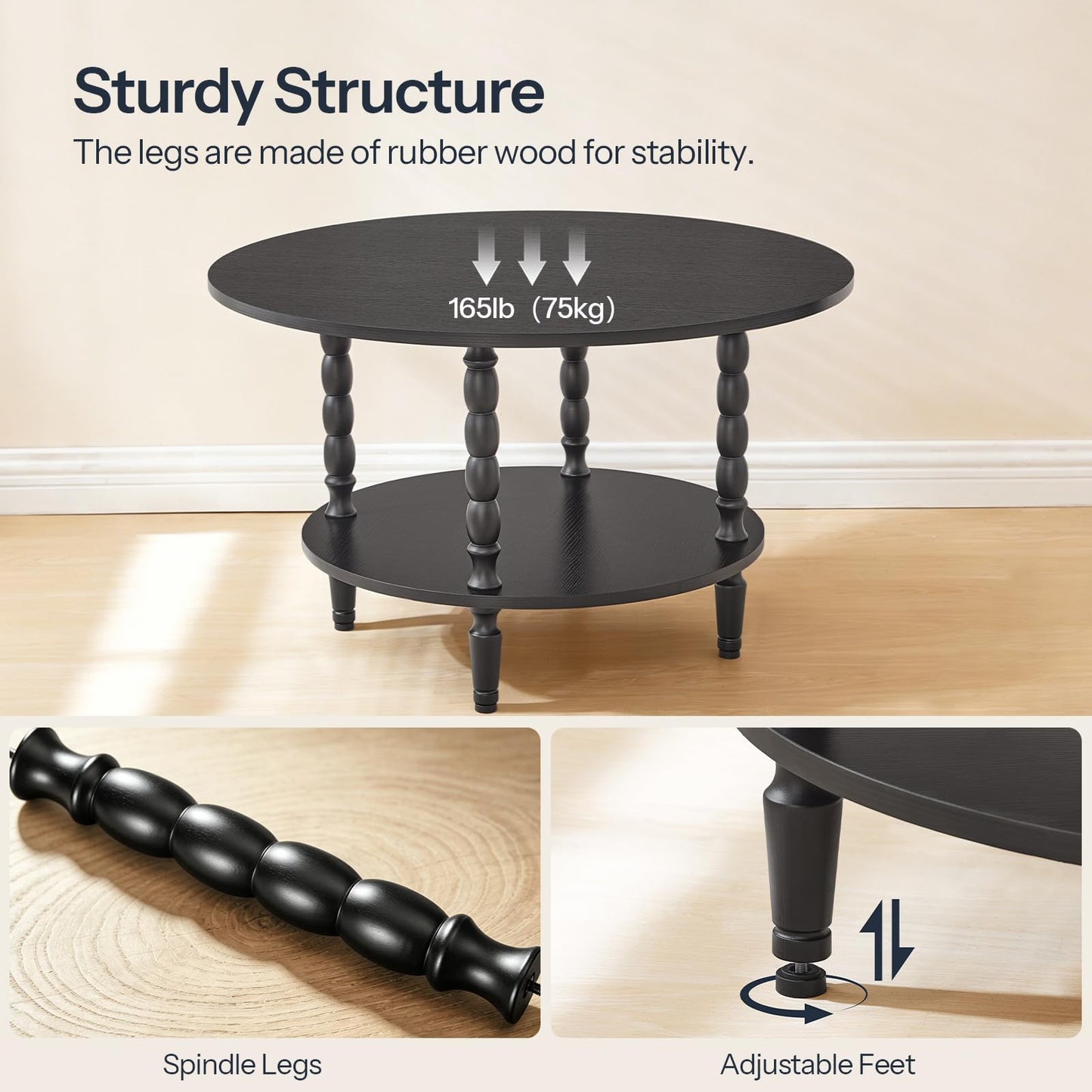 HOOBRO Coffee Table, 2-Tier Round Coffee Table, Mid-Century Modern Coffee Table for Living Room, Center Table with 2-Tier Open Storage Shelf, Home Office, Black BK75KF01