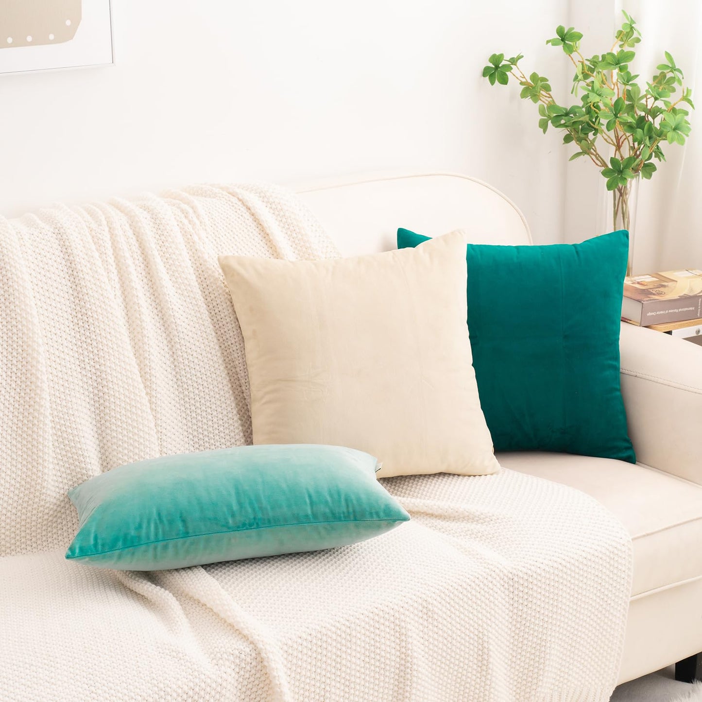 HWY 50 Cream White Velvet Throw Pillow Covers 18x18 Inch, Pack of 2 Soft Cozy Solid Decorative Luxury Cushion Cases for Couch Sofa Bed Living Room Bedroom