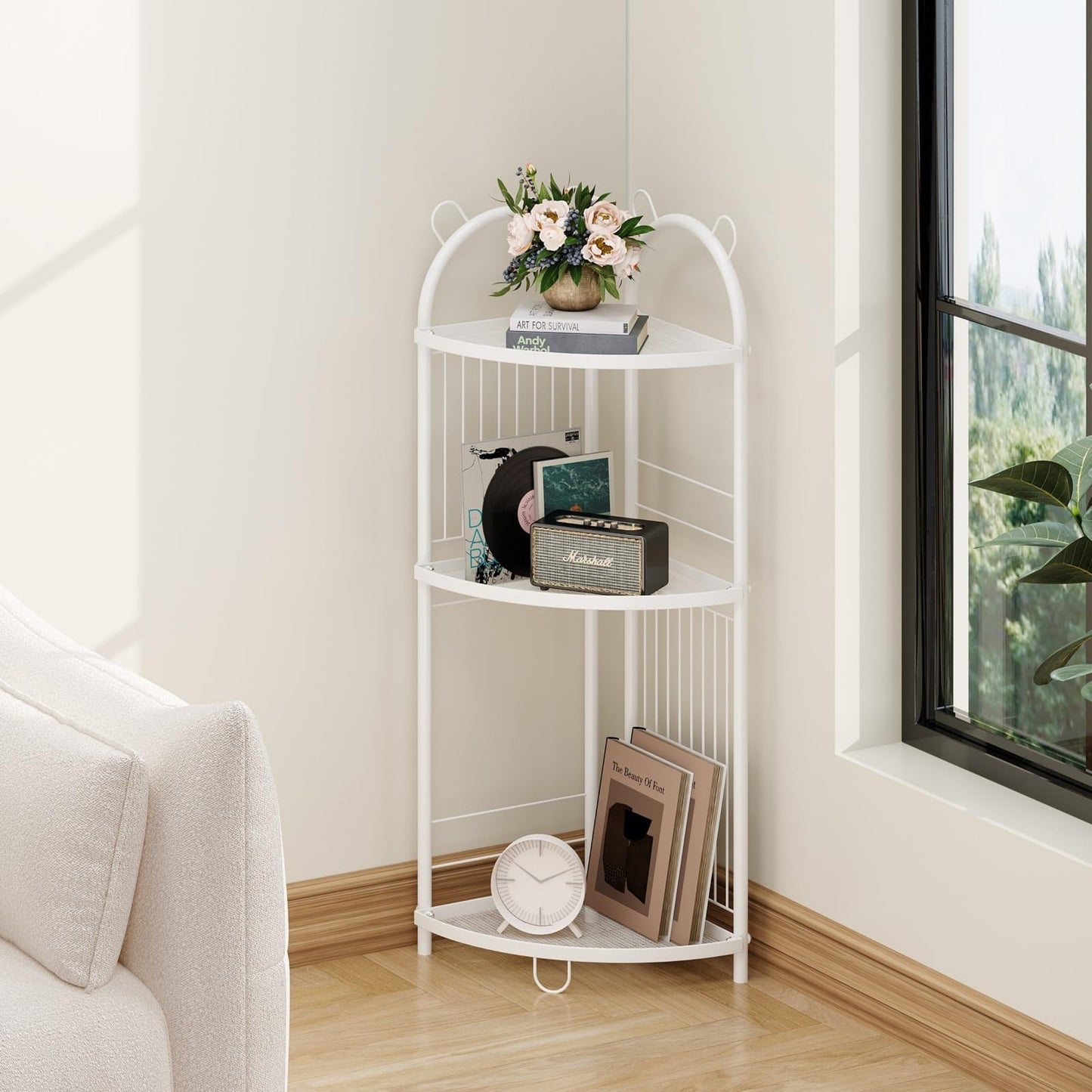 CICUFY Small Corner Shelf Metal Bathroom Corner Shelf 3 Tier Bathroom Stand Toilet Paper Storage Standing Shower Caddy Organizer Toilet Shelf Unit (White)