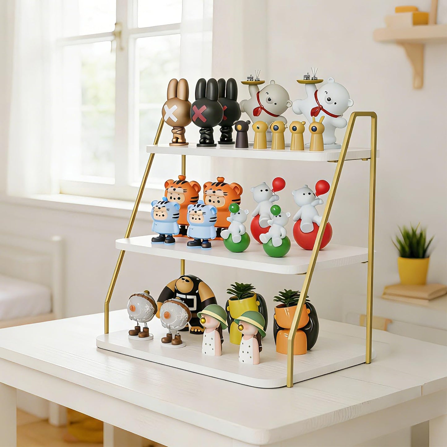 VyGrow three-layer Wooden Display Stand, Perfume Storage Rack, Party Display table, Figure and Collectibles Display Stand, Decorative and Storage Shelf (White and Gold)