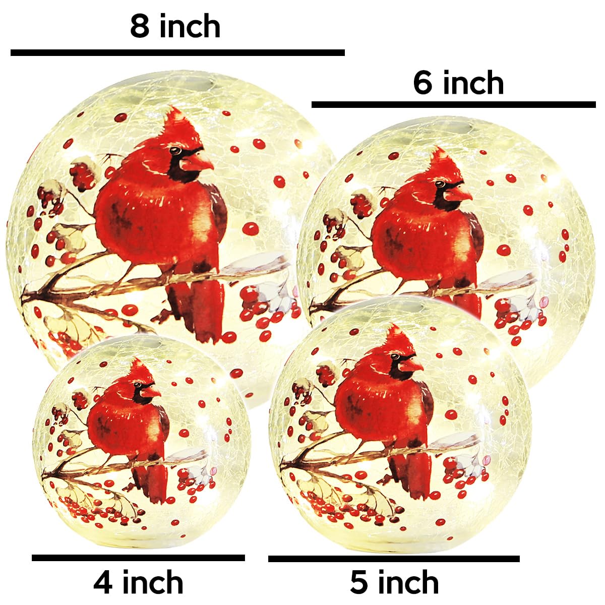 Cordless Crackle Glass Ball Cardinal Lamp with Timer, Battery Operated Led Red Bird Stained Christmas Decor Accent Sphere Table Lamp, Mother's Day Gift, Lighted Orb Cardinal Globe Desk Night Light