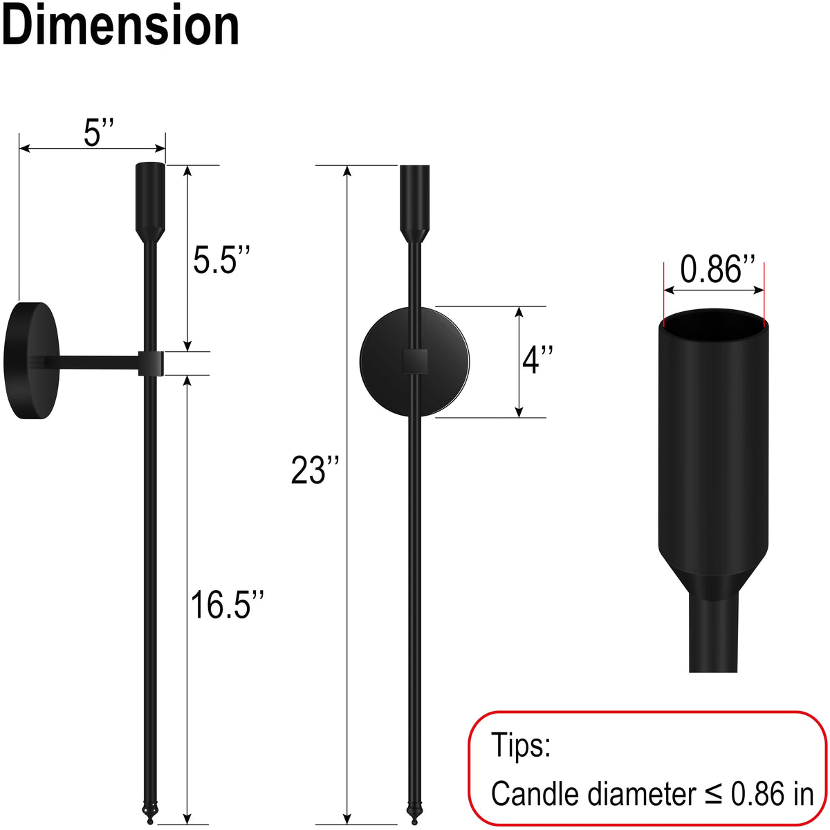 23-inch Large Wall Candle Sconces, Set of 2, Wall Mounted Candle Holder, Modern Chic Home Decor for Bedroom, Dining Room, Living Room (Black)