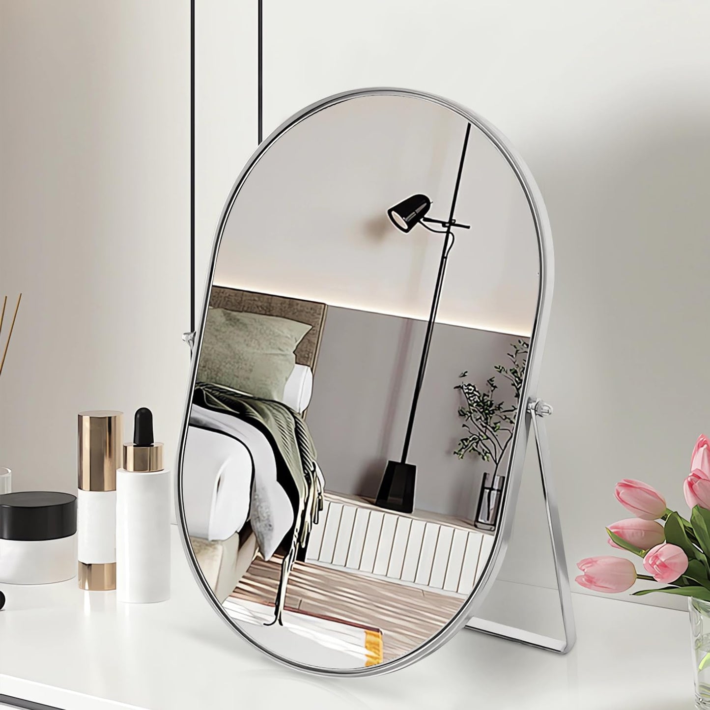 Numjeg Vanity Makeup Mirror for Desk with Metal Stand Tabletop Mount Makeup Oval Mirrors 90°Adjustable Rotation Portable Cosmetic Mirror for Travel Bedroom,Office, Dresser,Countertop