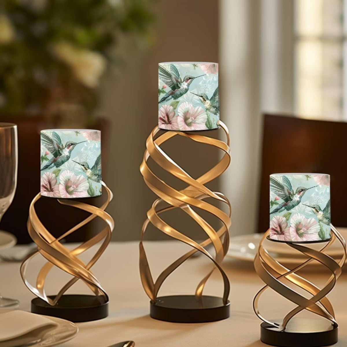 Merkmak 4 Pack Flameless Candles with Remote Battery Operated Pillar Candles with Timer, Boho Floral Hummingbird LED Elictric Tealights for Banquet Home Decorations