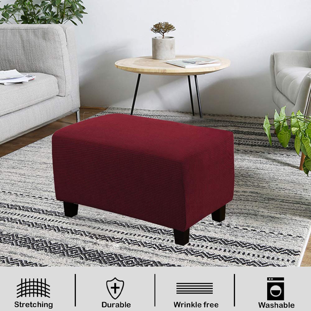 VIENLOVE Rectangle Ottoman Slipcover Polyester Blend Footstool Protector Covers Stretch with Elastic Bottom Feature Textured Machine Washable Jacquard Fabric (Burgundy, Large)